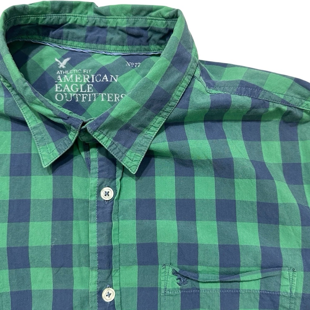American‎ Eagle Athletic Fit Green Navy Plaid Button Down Shirt Mens Large